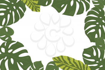 Monstera tropical forest leaves background. Green frame decoration. Vector illustration