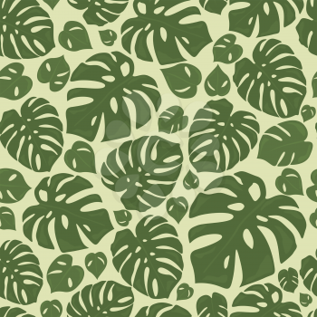 Monstera tropical forest leaves background. Green seamless pattern. Vector illustration