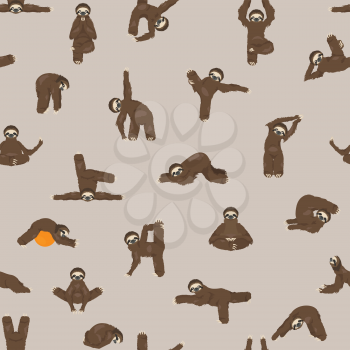 Sloth yoga seamless pattern. Funny cartoon animals in different postures set. Vector illustration