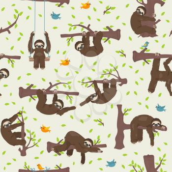 Funny cartoon sloths hanging from the trees. Seamless pattern. Vector illustration