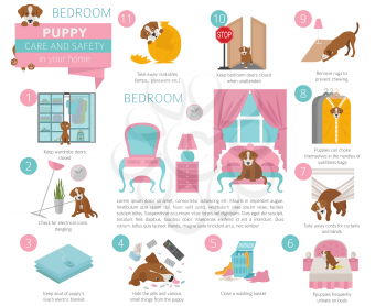 Puppy care and safety in your home. Bedroom. Pet dog training infographic design. Vector illustration
