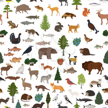 Taiga biome, boreal snow forest seamless pattern. Terrestrial ecosystem world map. Animals, birds, fish and plants design. Vector illustration