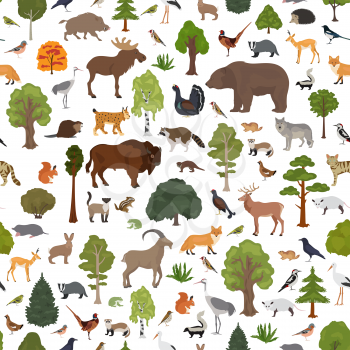 Temperate broadleaf forest and mixed forest biome seamless pattern.Terrestrial ecosystem world map. Animals, birds and plants graphic design. Vector illustration
