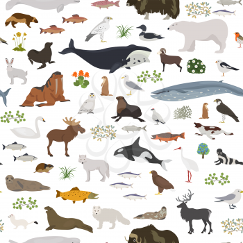Tundra biome. Terrestrial ecosystem world map. Arctic animals, birds, fish and plants seamless pattern design. Vector illustration