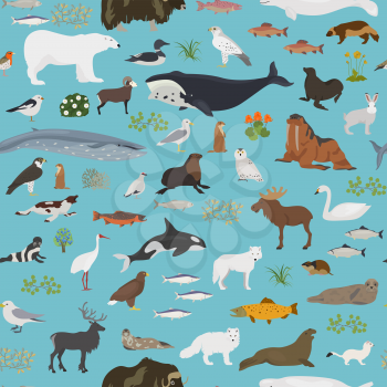 Tundra biome. Terrestrial ecosystem world map. Arctic animals, birds, fish and plants seamless pattern design. Vector illustration