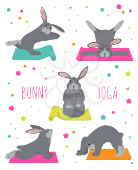 Bunny yoga poses and exercises. Cute cartoon poster design. Vector illustration