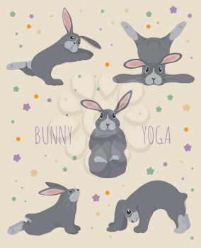 Bunny yoga poses and exercises. Cute cartoon poster design. Vector illustration