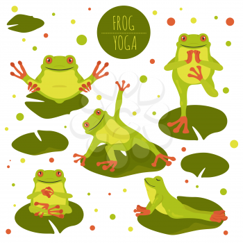 Frog yoga poses and exercises. Cute cartoon clipart set. Vector illustration