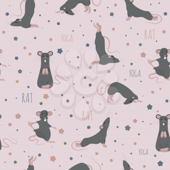 Rat yoga poses and exercises. Cute cartoon seamless pattern. Vector illustration