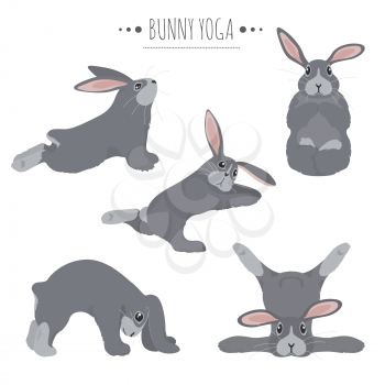 Bunny yoga poses and exercises. Cute cartoon clipart set. Vector illustration