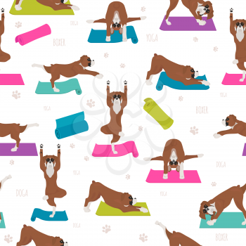 Yoga dogs poses and exercises. Boxer dog seamless pattern. Vector illustration