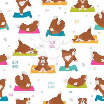 Yoga dogs poses and exercises. English bulldog seamless pattern. Vector illustration