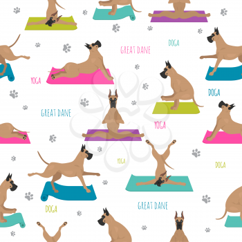 Yoga dogs poses and exercises. Great dane seamless pattern. Vector illustration
