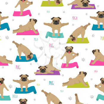 Yoga dogs poses and exercises. Pug seamless pattern. Vector illustration