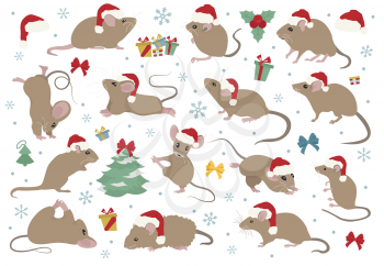 Different mice christmas collection. Mouse poses and exercises. Cute cartoon new year clipart set. Vector illustration