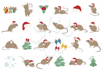 Different mice christmas collection. Mouse poses and exercises. Cute cartoon new year clipart set. Vector illustration