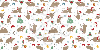 Mice christmas seamless pattern. Mouse poses and exercises. Cute cartoon new year clipart set. Vector illustration