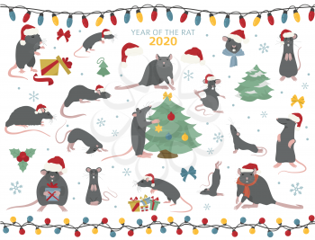 Different rats christmas collection. Rat poses and exercises. Cute cartoon new year clipart set. Vector illustration