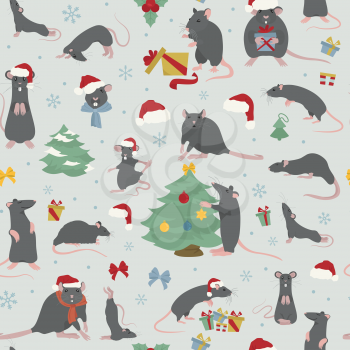 Rats christmas seamless pattern. Rat poses and exercises. Cute cartoon new year clipart set. Vector illustration