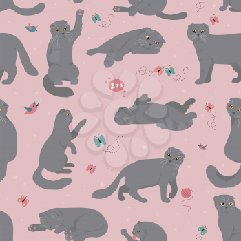 Cartoon cat characters seamless pattern. Scottish fold`s poses and emotions set. Flat color simple style design. Vector illustration