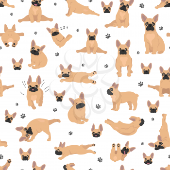 French bulldog seamless pattern. Dog healthy silhouette and yoga poses background.  Vector illustration