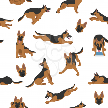 German shepherd dogs in different poses. Shepherd characters seamless pattern.  Vector illustration
