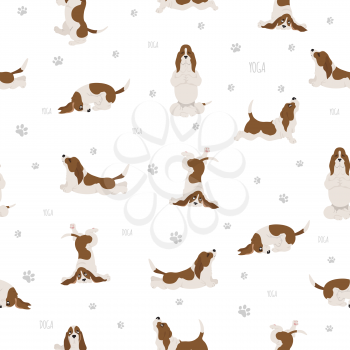 Yoga dogs poses and exercises. Basset hound seamless pattern. Vector illustration