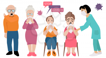 Many different ages im clinic. Quarantine, stop coronavirus epidemic design concept. Vector illustration