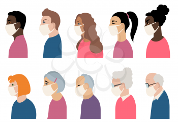 Many different ages and nationatily people in medical face mask. Quarantine, stop coronavirus epidemic design concept. Vector illustration