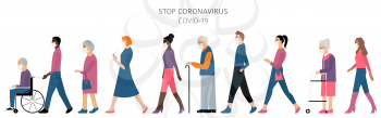 Many different ages and nationatily people in medical face mask. Quarantine, stop coronavirus epidemic design concept. Vector illustration