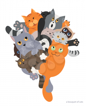 Cat poster. Cartoon cat characters collection. Bouquet of cats.  Flat color simple style design. Vector illustration