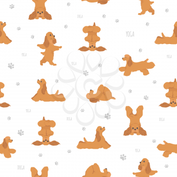 Yoga dogs poses and exercises seamless pattern design. American cocker spaniel clipart. Vector illustration