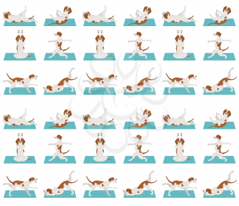 Yoga dogs poses and exercises seamless pattern design. English pointer clipart. Vector illustration