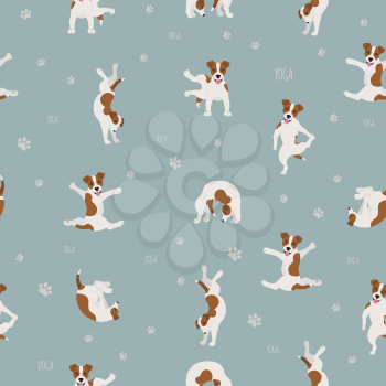 Yoga dogs poses and exercises seamless pattern design. Jack Russel terrier clipart. Vector illustration
