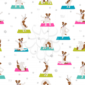 Yoga dogs poses and exercises seamless pattern design. Jack Russel terrier clipart. Vector illustration