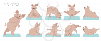 Pig yoga poses and exercises. Cute cartoon clipart set. Vector illustration