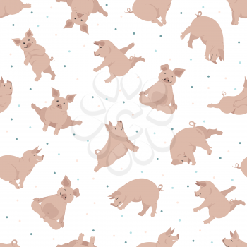 Pig yoga poses and exercises. Cute cartoon seamless pattern. Vector illustration