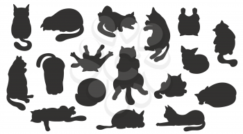 Sleeping cats poses. Flat color simple style design. Black silhouettes cats. Vector illustration