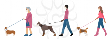 Corona virus disease concept design. People walking dogs in masks. Quarantine  COVID-19. Vector illustration