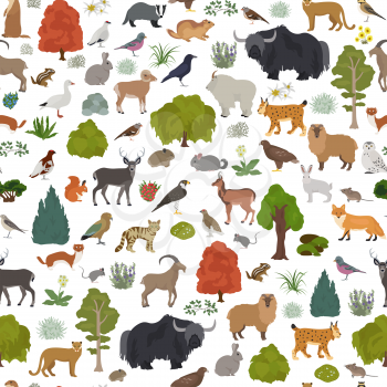 Apine tundra biome, natural region seamless pattern. Terrestrial ecosystem world map. Animals, birds and plants design set. Vector illustration