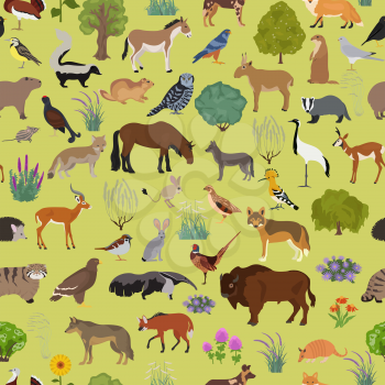 Temperate and dry steppe biome, natural region seamless pattern. Prarie, steppe, grassland, pampas. Terrestrial ecosystem world map. Animals, birds and vegetations ecosystem design set. Vector illustration