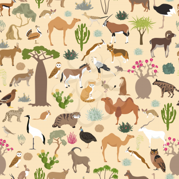 Desert biome, xeric shrubland biome, natural region seamless pattern. Terrestrial ecosystem world map. Animals, birds and vegetations design set. Vector illustration