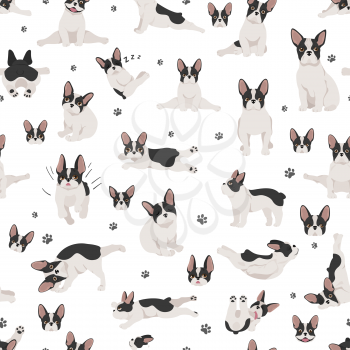 French bulldog seamless pattern. Dog healthy silhouette and yoga poses background.  Vector illustration