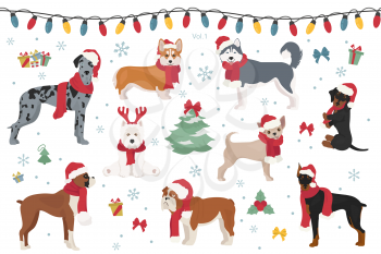 Dog characters in Santa hats and scarves. Christmas holiday design. Vector illustration