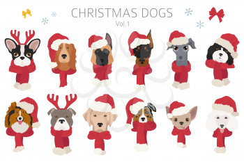 Dog portraits in Santa hats and scarves. Christmas holiday design. Vector illustration