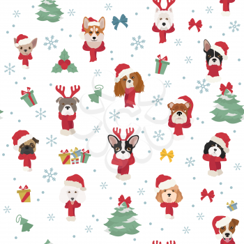 Dog portraits in Santa hats and scarves. Christmas holiday seamless pattern. Vector illustration