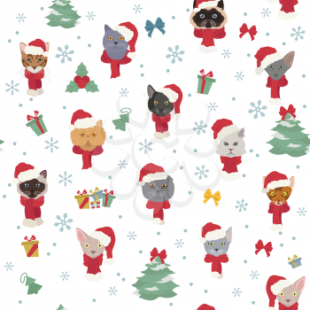 Cat portraits in Santa hats and scarves. Christmas holiday seamless pattern. Vector illustration