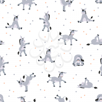 Donkey yoga poses and exercises seamless pattern. Cute cartoon clipart set. Vector illustration