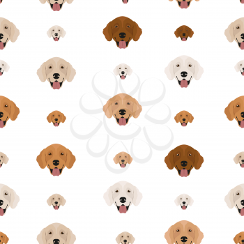 Golden retriever dogs in different poses and coat colors. Seamless pattern. Adult goldies and puppy set.  Vector illustration