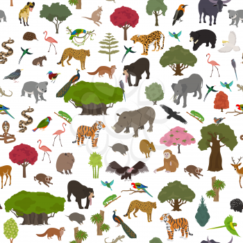 Tropical and subtropical dry broadleaf forest biome, natural region seamless pattern. Seasonal forests. Animals, birds and vegetations ecosystem design set. Vector illustration